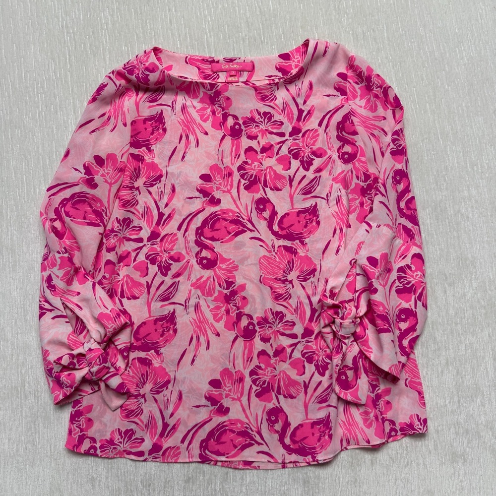 Lilly Pulitzer Langston Top Coral Reef Tint Flamingle Pink Floral Blouse Small